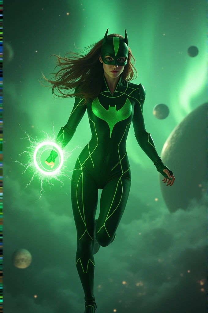 Green Bat-Lantern Woman with Mask,perfect,brunette,with a power ring shining on his finger,flying between planets,in outer space with the northern lights in the background