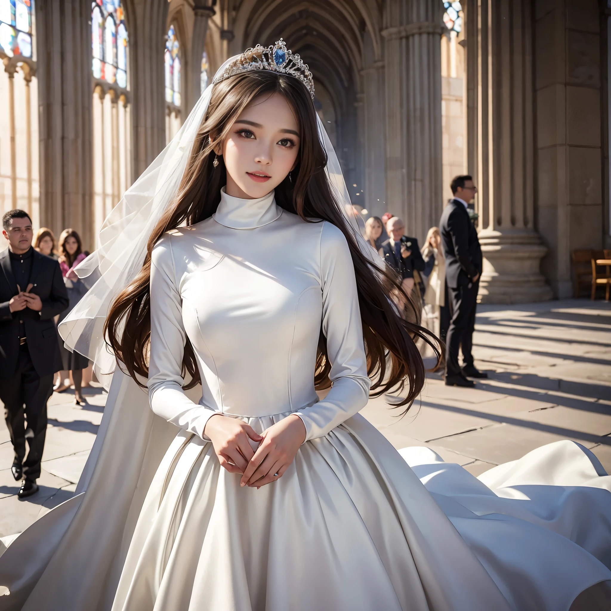 best quality, masterpiece, 1 girl, long hair, A huge laugh, cute , shiny lips, sweet, sun glare, Conservative attire, turtleneck wedding dress, Bridal Tiara, depth of field, blurred background, Cathedral Background, light particles, strong wind, head tilt