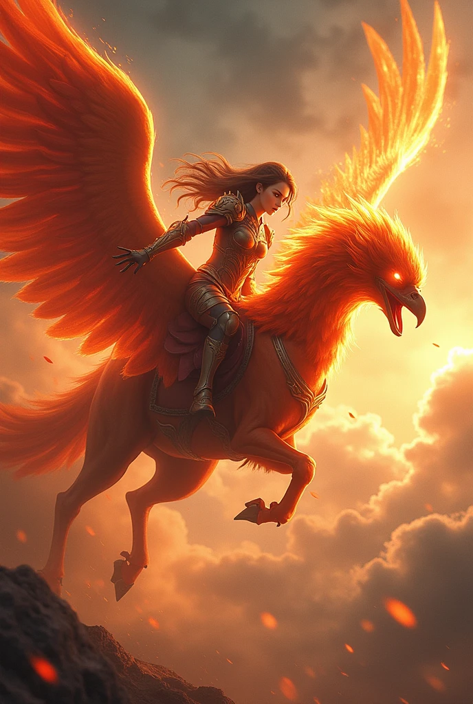 a girl ride a phoenix in a battle, fireglow eyes, wrath expression,best quality