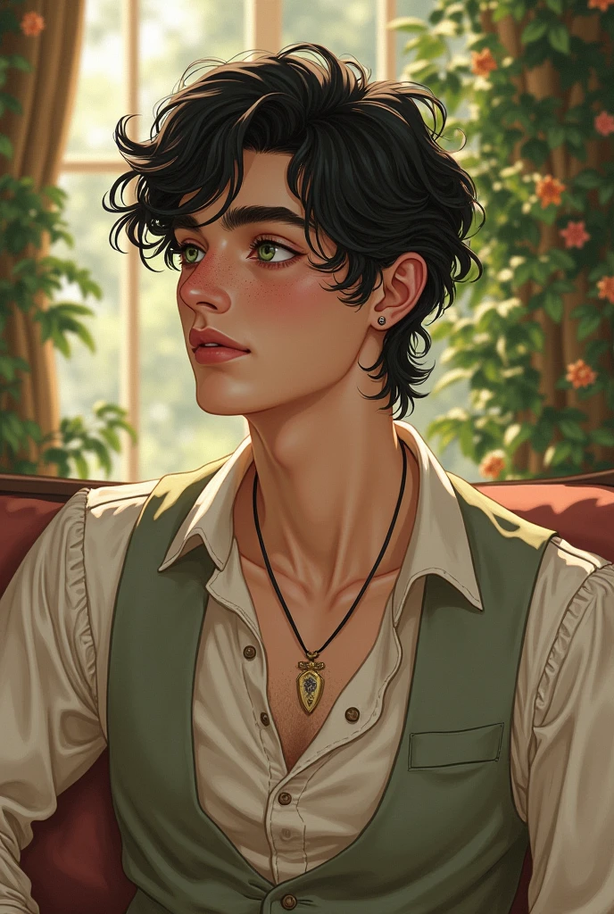 generate an image of an effeminate man with black hair, green eyes and freckles at the time of "Anne with an E" and with drawing style.