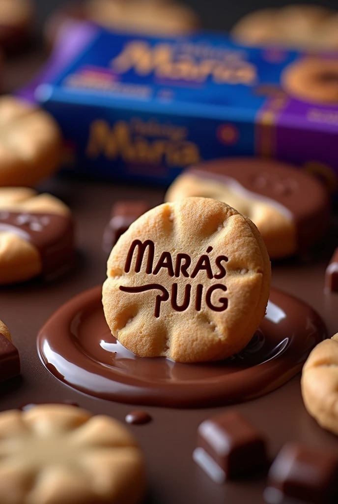 A thin round cookie on top has a layer of embossed chocolate. The cookie has some letters that say María Puig is falling into a pool of chocolate. There is also a package next to the cookie. The package is royal blue with purple and has some gold letters that say Delicias Maria. Next to the pool there are many cookies dipped in chocolate.