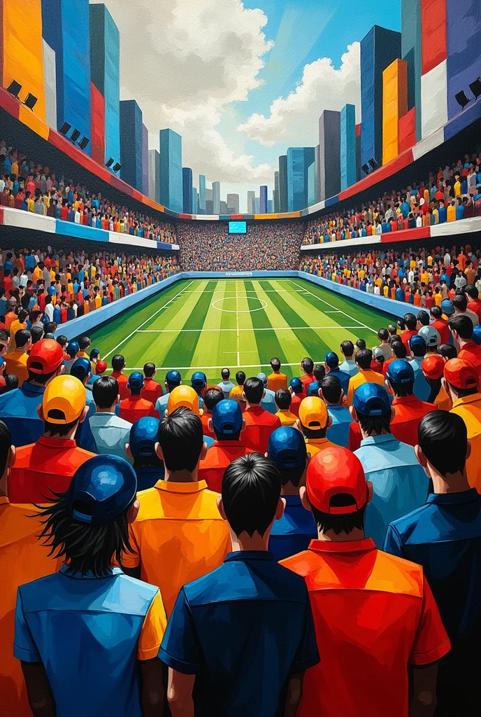 Pablo Picasso style cubist art depicting American football fans in a stadium.