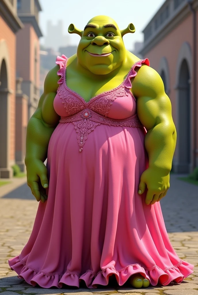 Sherek in a bright pink dress