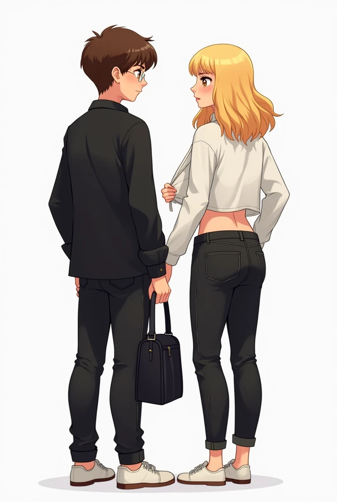 A teenage boy wearing a black shirt like a jacket, black trousers, white shoes, brown hair, no beard, glasses, carrying a black bag and he is with his girlfriend who is wearing a white shirt and black trousers with blonde hair and the girl opens her shirt and her underwear is visible.