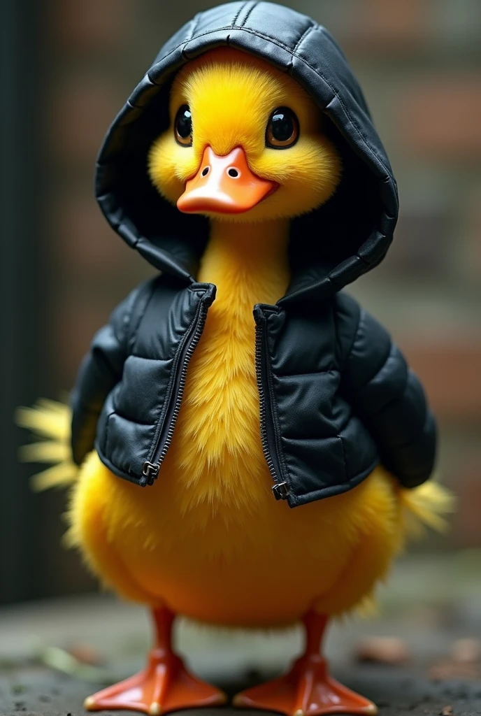 the duck has bright yellow plumage., but instead of its usual plumage, He is wearing a black hooded jacket that fits him very well... The hood covers your head and neck., giving it a very cool and modern look. the duck&#39;eyes shine with curiosity, and their wings are ready to unfold at any moment.