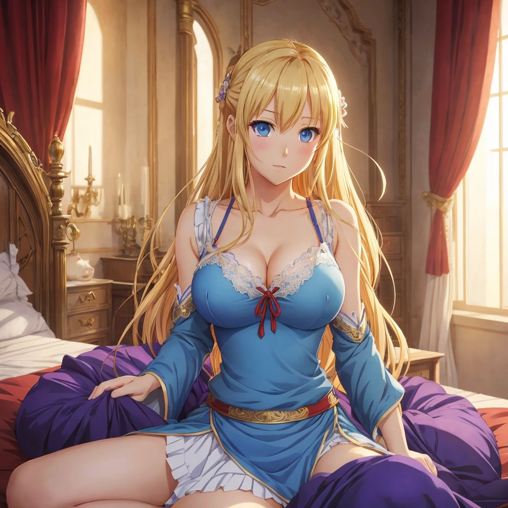Anime character sitting on the bed with red curtains, Epic light novel art cover, Light novel cover art, Algeria Pendragon, Wear clothes, anime goddess, epic Light novel cover art, violet evergarden, seductive anime girl, vinland saga, pixiv 3dcg, Blonde long hair anime girl, Blonde Princess, Yuuki Asuna High Resolution, masterpiece, best quality, Big breasts, 1 girl, looking at the audience, blue eyes, Shoulderless cropped top