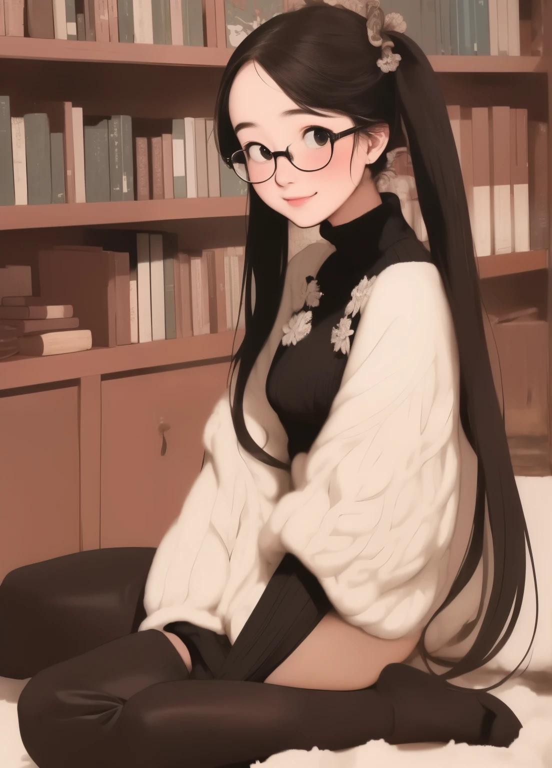 (masterpiece、Highest quality、Highest quality、Official Art、Beautiful and beautiful:1.2)、(One person:1.3)Hatsune Miku、Twin tails,Beautiful breasts, Katsushika Hokusai,A thick turtleneck sweater with a thick collar, Thin glasses, Pleated skirt, Thigh-high boots, gloves, Glossy Lips, Dynamic Scene,  In a medieval library, Medium chest, Mischievous Smile, Long, messy black hair. (masterpiece, wonderful, Intricate details, Color Difference), realism, (((avert your eyes))), Perfect Face, Delicate young, Full Body Shot, Between the legs