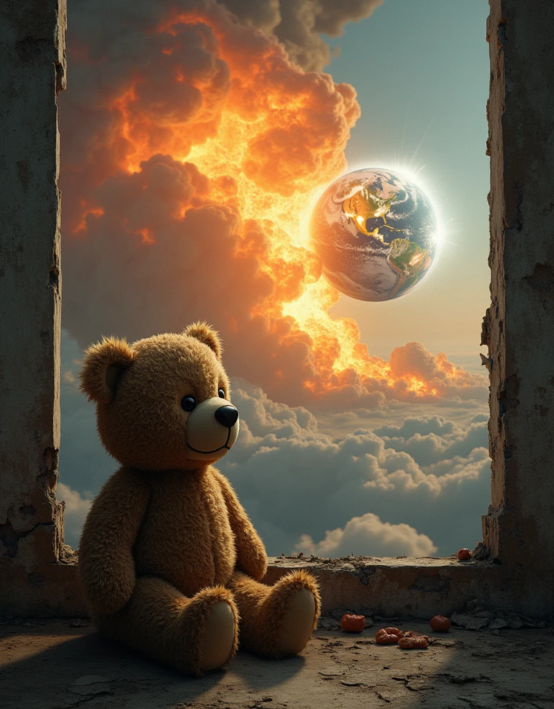 A brown teddy bear, sitting in a building watching the earth being destroyed by an explosion 