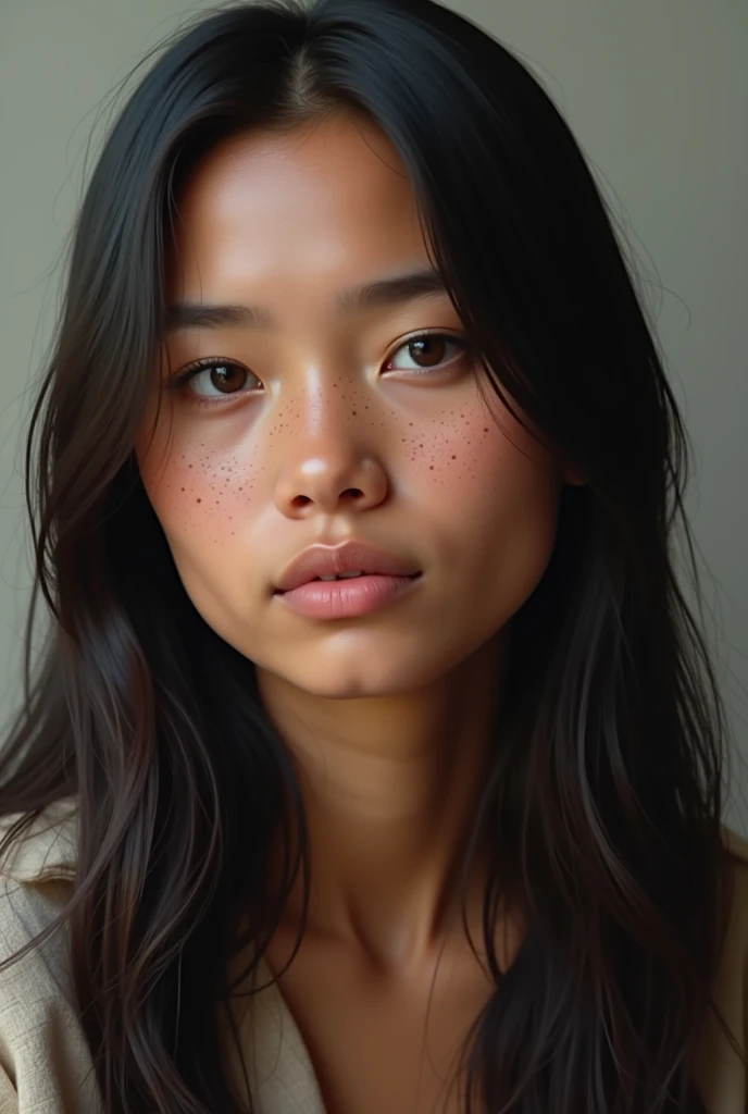 indigenous woman with straight hair and freckles on her face,