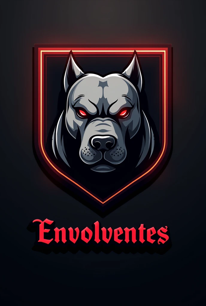 Create a gray pitbull logo'S; com olhoS vermelhoS, face for a football team. Faça dele um eScudo em formado quadrado preto e dourado com detalheS vermelho . Coloque uma fonte pequena eScrito ENVOLVENTES em baixo, empty background, Sombrio. . TranSforme-o em pgn