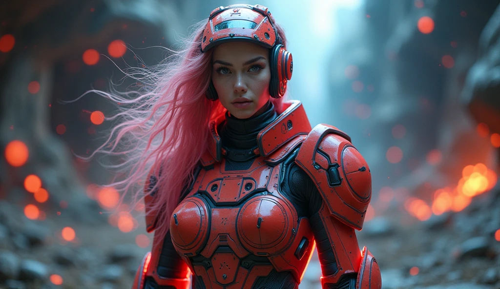 ((Best quality)), ((masterpiece)), (detailed: 1.4), ....3d, woman in thick neon and protective armor with generative helmet in cyberpunk style, voluminous hair, Light particles, Clean energy, chaos, anti-technology, HDR (High dynamic range), Ray tracing ,NVIDIA RTX, Super resolution, Unreal 5, Underground dispersion, Textured PBR, Post-processing, Anisotropic filtering, depth of field, maximum clarity and sharpness, Multilayer textures, Albedo and Mirror Maps, Surface Shading, Accurately simulate the interaction of light and material.,perfect proportions,octane number,two-color lighting,Wide opening,Low ISO,White balance,Rule of thirds,Battlefield in RAW 8K, Someone else&#39;s fight,,