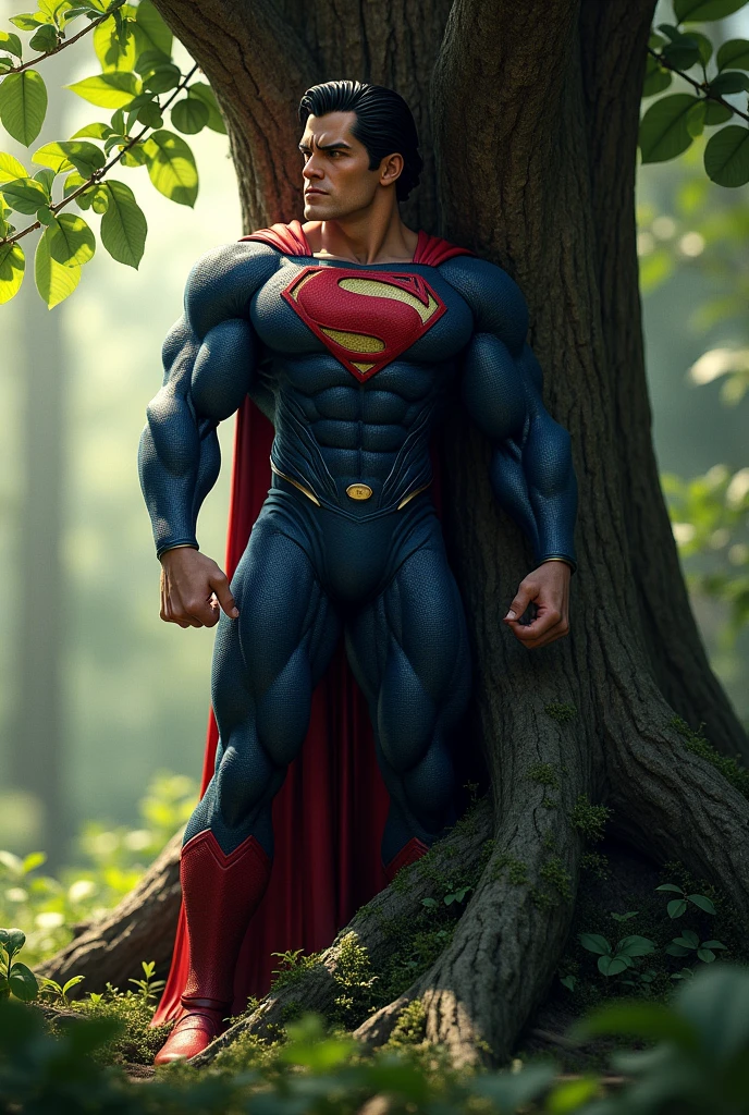 Buff superman behind a tree