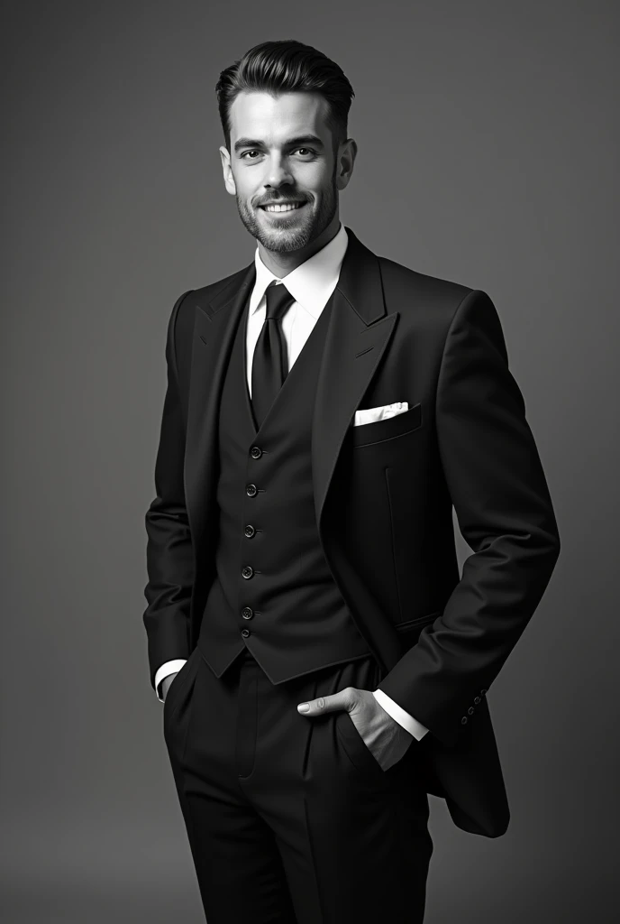 1man, handsome man, well-dressed man, man in suit, man looking forward, man smiling, 1920s era, black and white photography, high quality, high resolution, detailed, photorealistic, studio lighting, elegant, charming, sophisticated, dramatic lighting