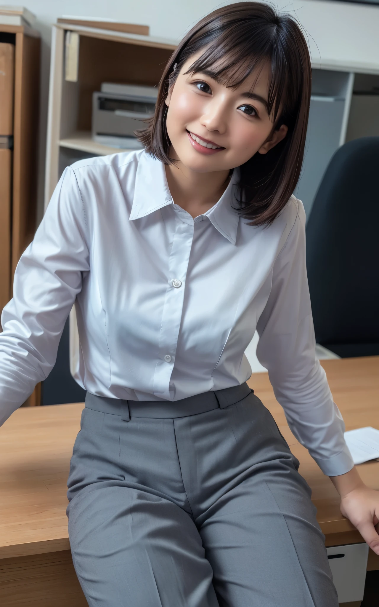 ((Best Quality, 8k, Masterpiecedetails, ultra-high resolution)), (looking at the viewer), (full shot:), attractive business 1 milf stting down on office, desk, a bit chubby:0.25, white collared shirt, grey long pants, (laying down on office desks)), smile, office of CEO,