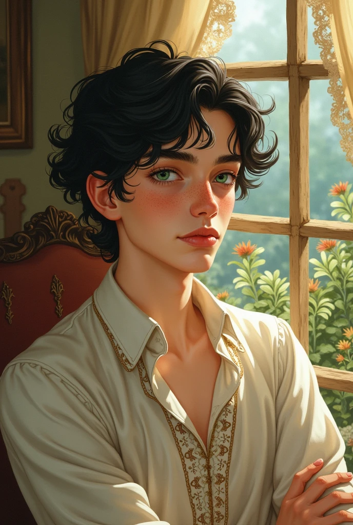 generate an image of an effeminate man with black hair, green eyes and freckles at the time of "Anne with an E" and with drawing style.
