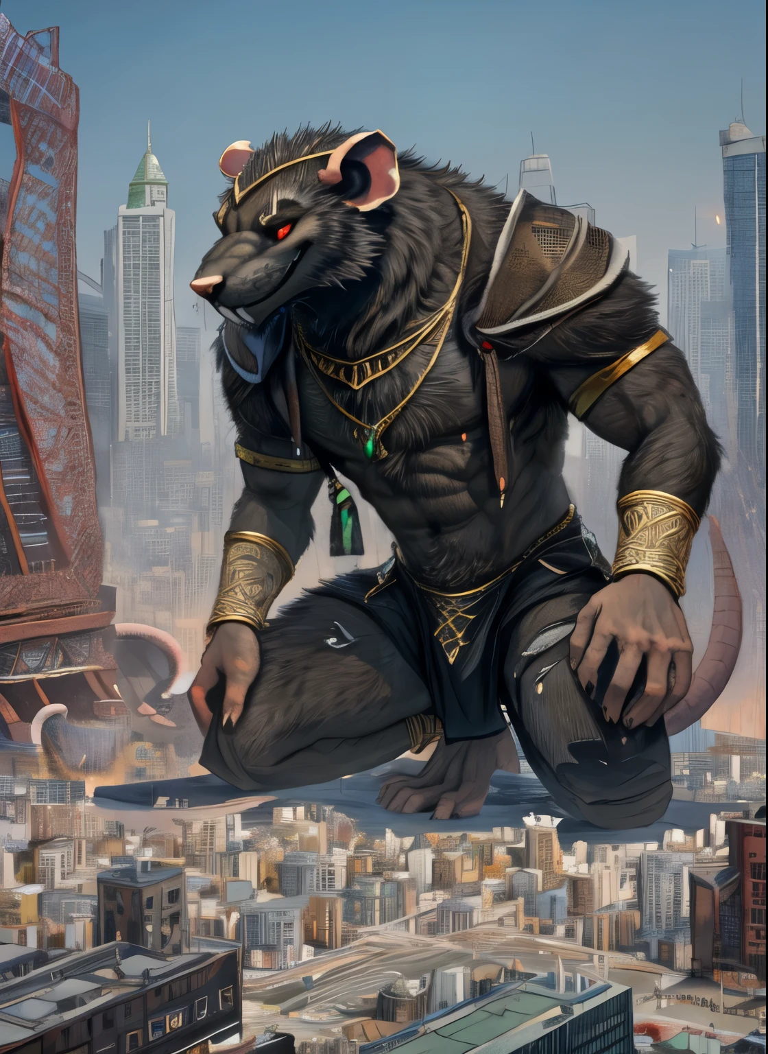 (male:1.3), (skaven : 1.1), friendly, (fancy intricate black torn clothing, jewelry:1.2), intricate details, (detailed fur tuft :1), pinup, macro in city, detailed amazing background