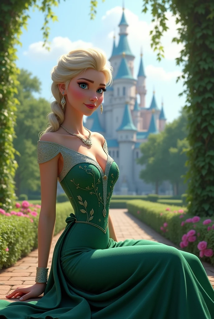 Frozen movie Elsa wears short green dress. Sitting in the garden near the castle.