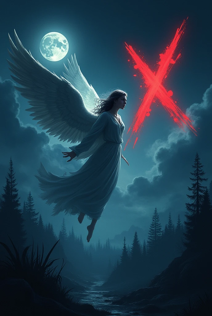 A dark night with a full moon, put an angel flying in the sky running after the red X