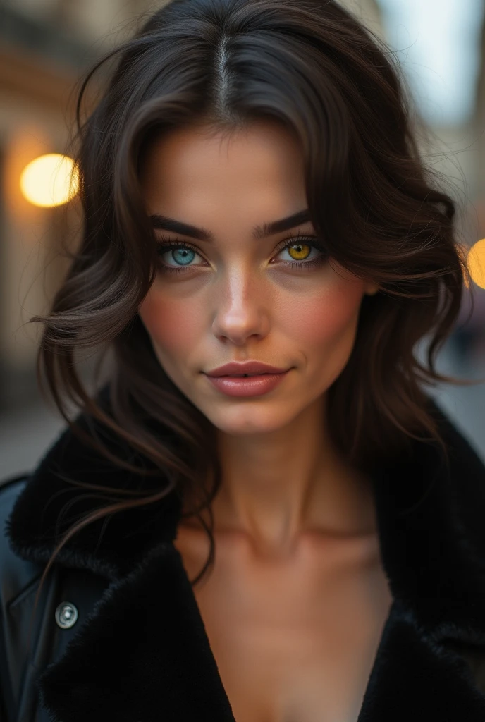 The beautiful 1 French fashion model has heterochromatic eyes.、The right eye is yellow and the left eye is blue.、Popular Hairstyles, With seductive eyes, With a seductive smile, French setting