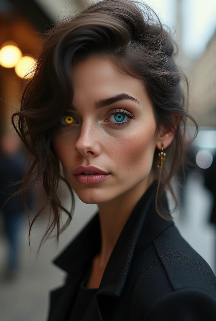 The beautiful 1 French fashion model has heterochromatic eyes.、The right eye is yellow and the left eye is blue.、Popular Hairstyles, With seductive eyes, With a seductive smile, French setting