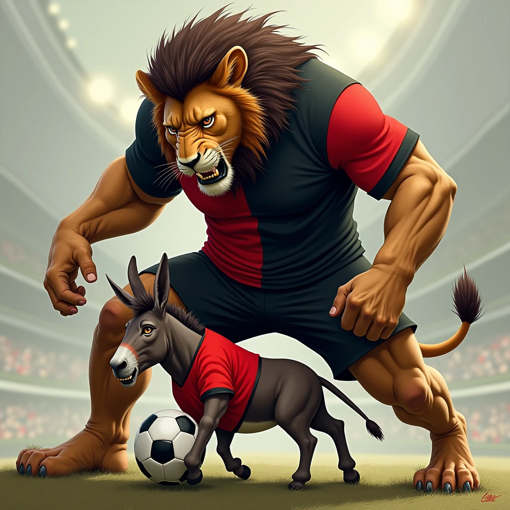 A lion wearing a black and red soccer jersey split in half vertically. The lion stomping on a donkey wearing a red jersey.