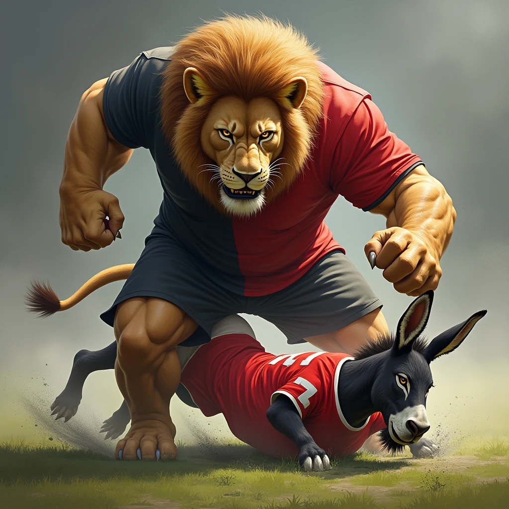 A lion wearing a black and red soccer jersey split in half vertically. The lion stomping on a donkey wearing a red jersey.