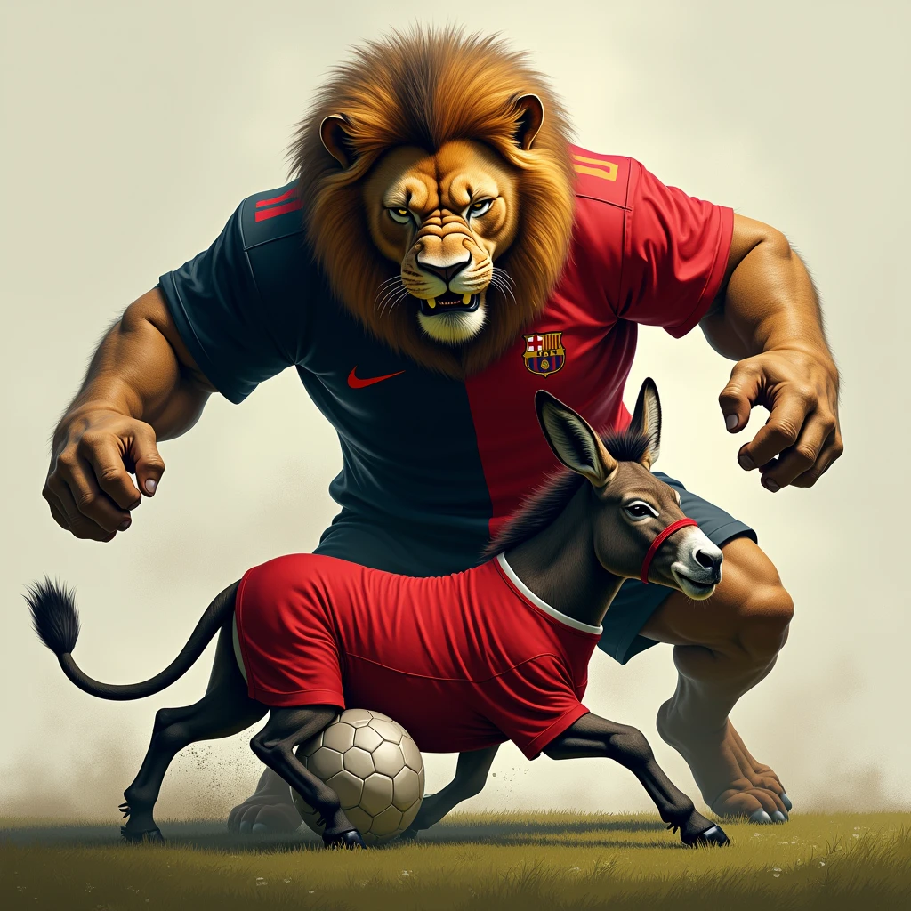 A lion wearing a black and red soccer jersey split in half vertically. The lion stomping on a donkey wearing a red jersey.