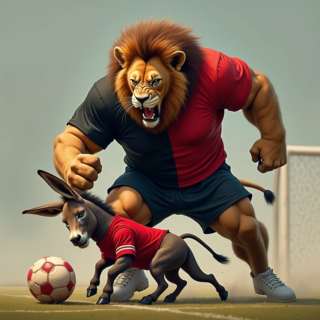 A lion wearing a black and red soccer jersey split in half vertically. The lion stomping on a donkey wearing a red jersey.