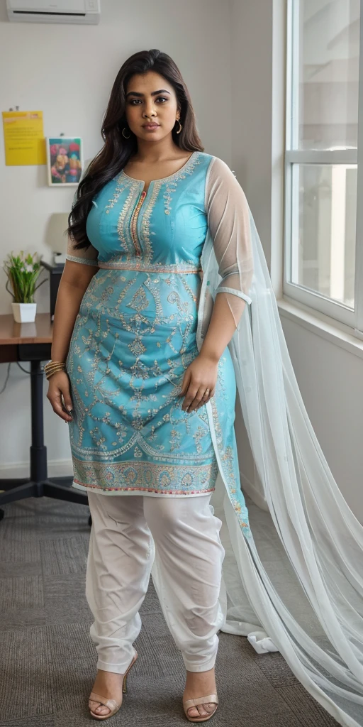 Day scene, A radiant, full-figured South Indian 3 aunty a white colour chiffon fully transparent kurta, and leggings, ,standing, in a office captured in a full-body image with vibrant hues and meticulous details. Full body image