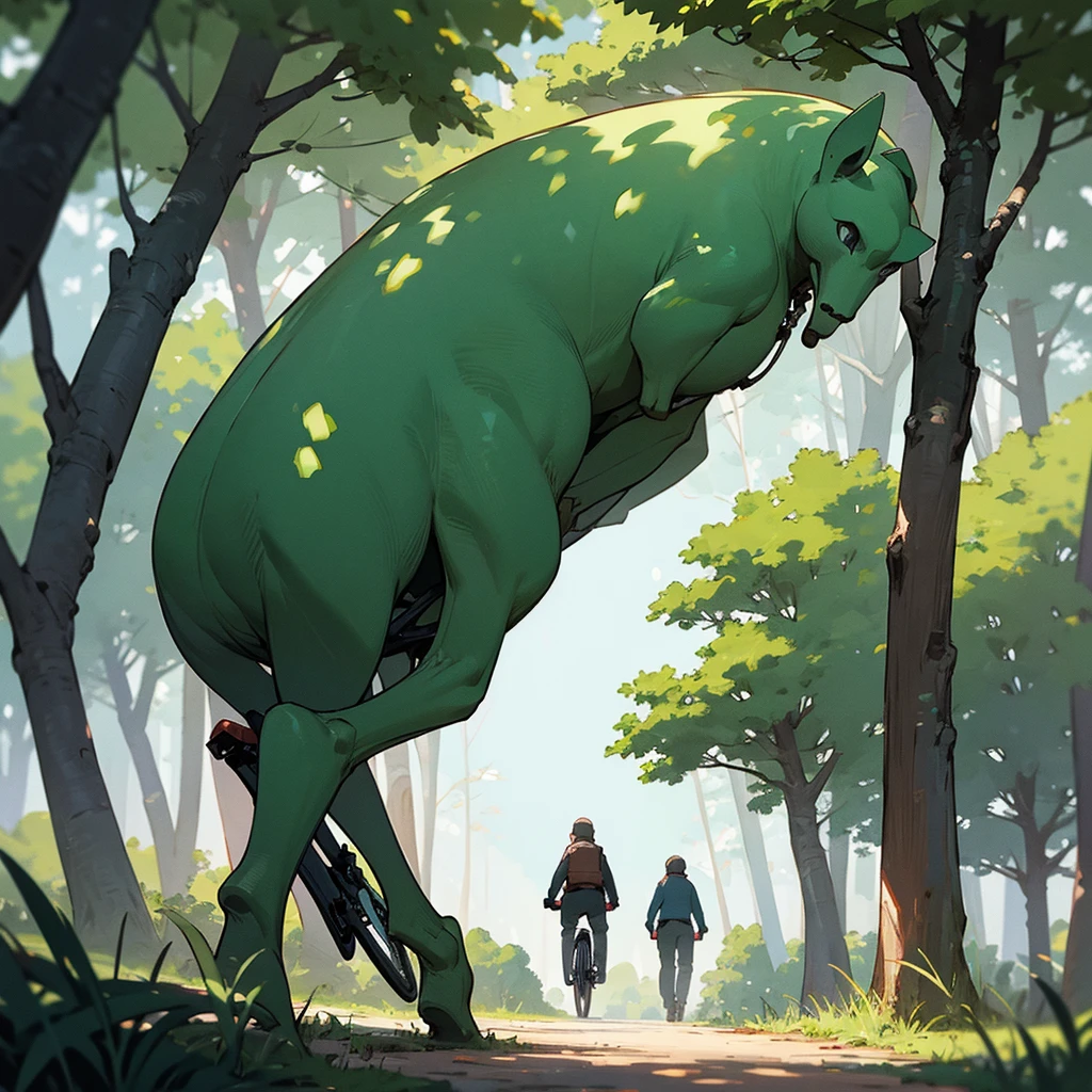 People walking in the forest, figure behind the trees, next to the person with their back turned riding a bicycle.