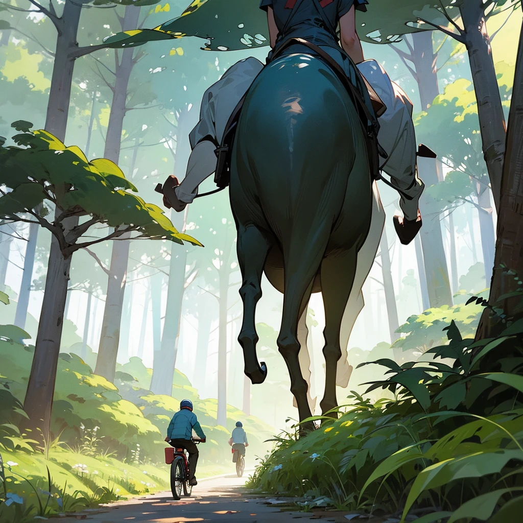 People walking in the forest, figure behind the trees, next to the person with their back turned riding a bicycle.
