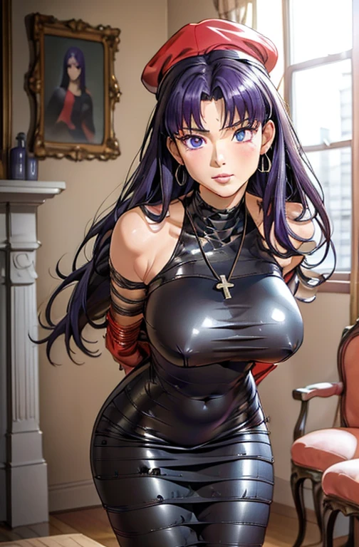 1 Female, clothing: black bodycon, Short tight black dress, The eyes are brown, Purple Hair, Medium Hair, compensate, Cross Necklace, expensive, The body is slim, Misato katsuragi (Hmph), (((Misato katsuragi))), indoor, living room, (((Front view))), View Viewer, Nice thighs, Perfectly detailed face, Detailed hands and fingers, Masterpiece 1.1, Trending on Art Station, pixiv quality, (((Fine art:jaw))), Exquisitely crafted, Ultra Graphics, sfw version, (((Mature 1.1))), clothing: Jacker, Red jacket, Red bullet hat、Symmetrical face、mummification, tape bondage, struggling