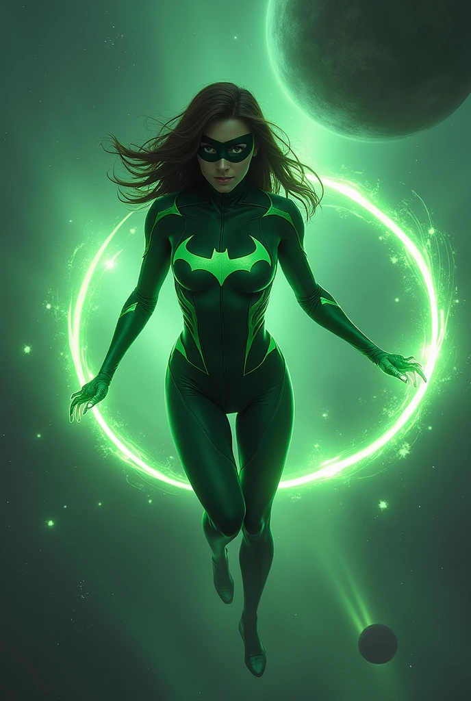 Green Bat-Lantern Woman with Mask,perfect,brunette,with a power ring shining on his finger,flying between planets,in outer space with the northern lights in the background