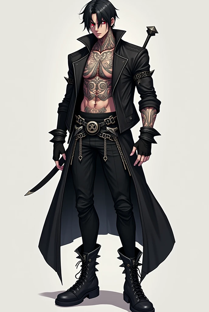 Appearance:

Height and Body: Kuro Tenshi é alto, with about 1,85m, and has a muscular physique, but not exaggerated, Reflecting Strength and Agility. Your skin is slightly tanned.
tattoo's: His body is almost entirely covered in intricate tattoos.. On the chest, he has a large stylized skull with angel wings, symbolizing the duality of his nature. His arms are covered in bone tattoos, as if they were a skeleton, complementing the skull theme. in the neck, a series of mysterious spiral runes emit a subtle glow at certain times. in the face, he has a teardrop tattooed below his left eye, representing a significant personal loss in your past.
Face and Hair: Kuro Tenshi has sharp and striking features. Your hair is black as coal, cut asymmetrically, with long bangs that partially cover one of her eyes. His eyes are a deep red, almost mesmerizing, and always carry an expression of pain mixed with determination.
badass clothing: He wears dark, modern style clothes., with a black leather jacket adorned with chains and spikes on the shoulders. He also wears tight pants and combat boots.. Under the jacket, a knitted shirt partially shows his tattoos, and their hands are always covered by fingerless gloves, revealing the also tattooed fingers.
Personalidade:

Serious and reserved: Kuro Tenshi is a man of few words, preferring to observe and act rather than engage in prolonged conversations. He carries an air of mystery and sadness, fruit of a past marked by personal tragedies.

Code of Honor: Despite his dark appearance and complicated past,, he follows a strict code of honor, never attacking the innocent and always protecting the weakest. He believes in justice, but in its own form, and often acts as a watchman.

Supernatural Advisors like "Pets": Kuro is constantly accompanied by two supernatural beings who manifest as small 