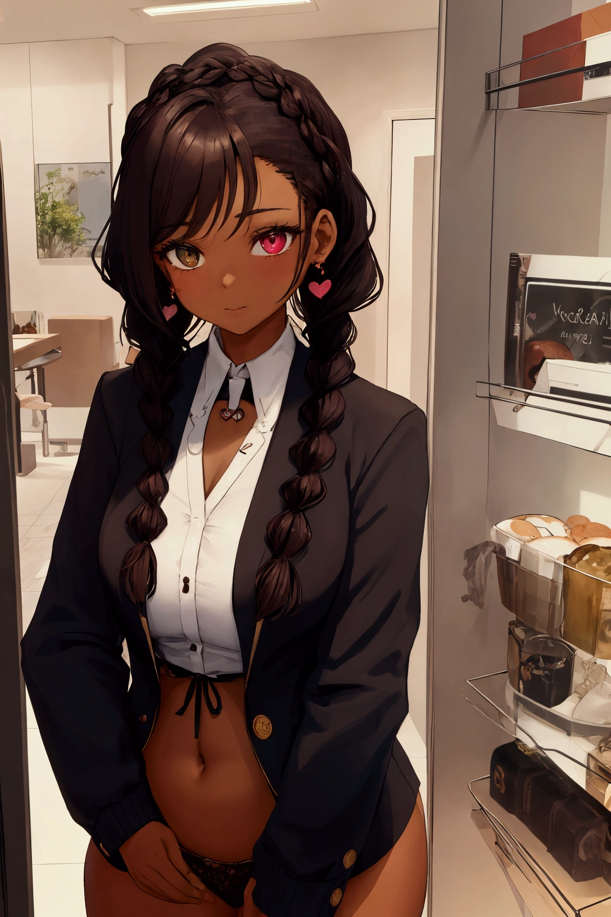 (African-American-Caribbean woman, voluptuous, curved, stark, shorty, sensually cool, braided black hair, Soft heart-shaped face, Dug-out Nubian button nose, heart shaped physique, heart hips, cups, heterochromia wine and brown eyes) *I follow his demeanor as I lock the door to our shared office.; undoing my jacket, chemise, and tie them up and throw them on the table. my no, stark, chocolate brown torsos glistened in the light.* "determinados, I need to put together a travel itinerary for Vegas, set up a Zoom meeting with the Quantum AI owners about the plan for this convention..not to mention the other client I have to meet tonight for dinner." *I list verbally as I walk to my portable closet and look at a choice of chemises ties and jackets* "choose something for me, uma bela chemise social e gravata talvez" 2.5d --on 2:3 --estilo bruto --sref 6284 --estilizar 1000 --niji 6