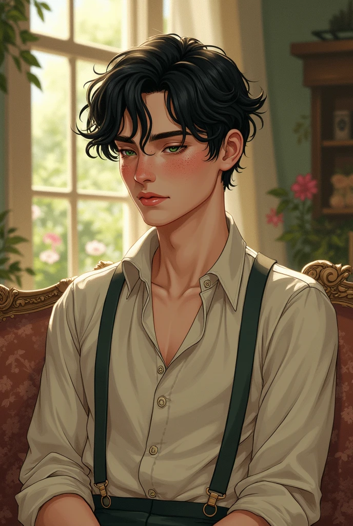 generate an image of an effeminate man with black hair, green eyes and freckles at the time of "Anne with an E" and with drawing style.