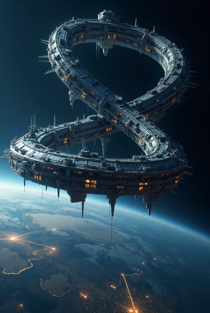 The distant future of planet Earth. size 1/4 all infinity shaped super detailed alien object a giant space station flies. Flying over that part of the earth, where it is now night. It has all the same things, as on Earth - cities, nature, mountains & mares. It turns out to be the second floor of the planet. This station is fixed at the north and south poles of the planet by its edges. Detailed terrain. Detailed space