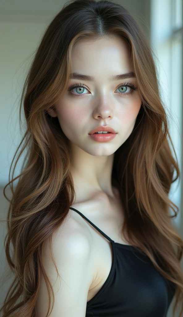 Portrait of a delicate woman with white skin and large, intense green eyes, long eyelashes and thin, straight eyebrows, rosy lips and cheeks and a small, perky nose, straight shoulder-length hair, intense copper red color, graceful face with scattered freckles, cute and delicate features with a relaxed expression, round shoulders and sculpted collarbone, Large, protruding breasts
