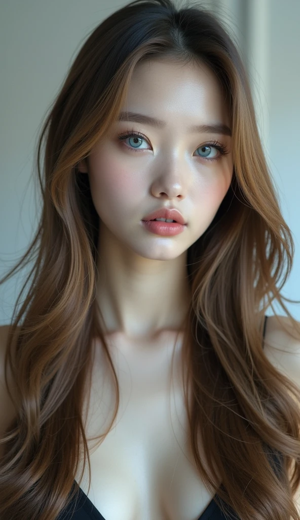 1 Girl,full body shot (1.3),corridor,Soft Light,Korean Beauty,Tight Fit,dress,Light-haired,long hair,
white background, gorgeous korean-Russian girl, doll face, with thick and long wavy glossy brown with golden undertones hair, big and large dolly blue bright eyes, long and thick curly dark brown eyelashes, button upturned nose, high nose bridge, fullest and plumpest with a pout at the top rosy luscious lips, oval and heart shaped face mix, shorter face, shorter chin, v-shaped jawline, pointy chin, tiny face size, pale milky white traslucent perfect skin, whitening skin, hourglass shaped body, tiny and narrow waist, 21 inches waist, rounded hips, long and slender beautiful legs, big perfect brests (1.4), large breasts, full body image, realistic, photorealistic, ultradetailed, skin texture, hyperealismHigh Resolution, Closed Mouth, highly detailed, high resolution 8K, wearing a tight fit black dress highliting her horglass body