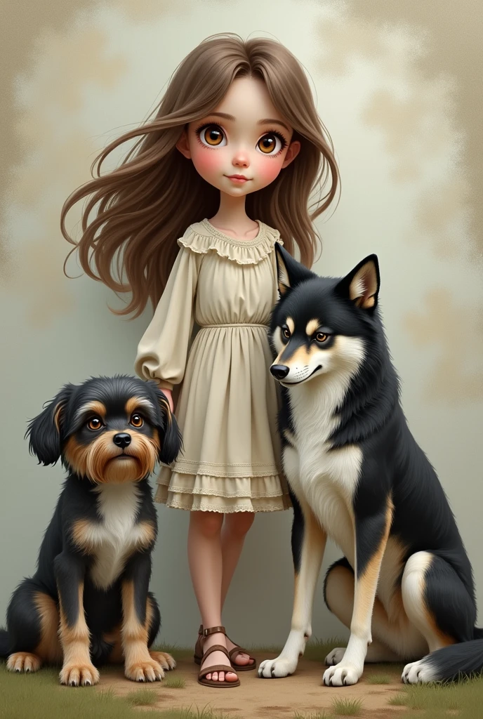 A brunette girl with brown eyes and 2 male dogs, one large, a wolf breed with black and white spots and the other very small, a Bilchon Maltese breed with lots of spots and only black fur and brown eyes.