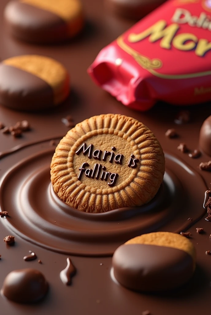 A thin round cookie on top has a layer of embossed chocolate. The cookie has some letters that say Maria is falling into a pool of chocolate. There is also a package next to the cookie. The package is royal blue with purple and has some gold letters that say Delicias Maria. Next to the pool there are many cookies dipped in chocolate.