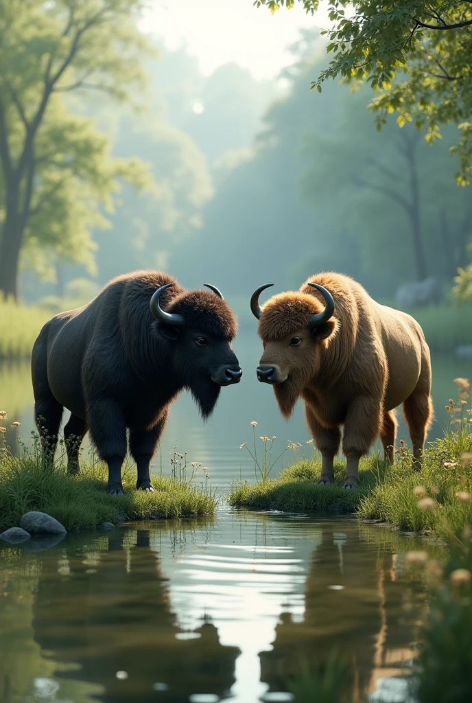 Sure! Here’s a prompt for a 3D rendering:
"Create a 3D rendering of two buffaloes facing each other, positioned close to the viewer near a tranquil lake. One buffalo should have dark fur and the other lighter fur. Focus on detailed textures and realistic lighting to bring out the fur’s depth and the gentle ripples in the water. Include elements like tall grass and nearby plants along the lake's edge. The background should feature a lush, green forest, but with less emphasis to keep the primary focus on the buffaloes and the water."