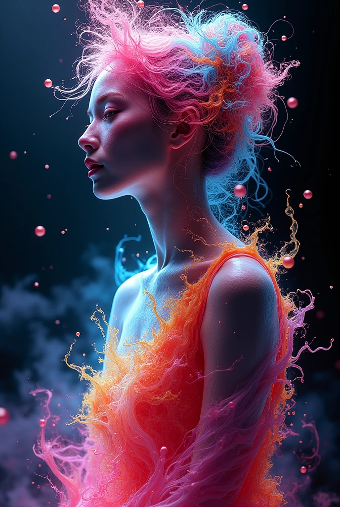 Colorful Abstract Art of Ink Forming a People, Lighting, Sub-Surface Scatterring, Glow, Award-winning Ink Art by Alberto Seveso, japanese anime, realistic, surreal, japanese goddess, neon colors,