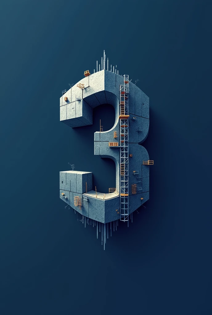 Create a logo with the image of a building under construction in the shape of the number 3, dark blue color.