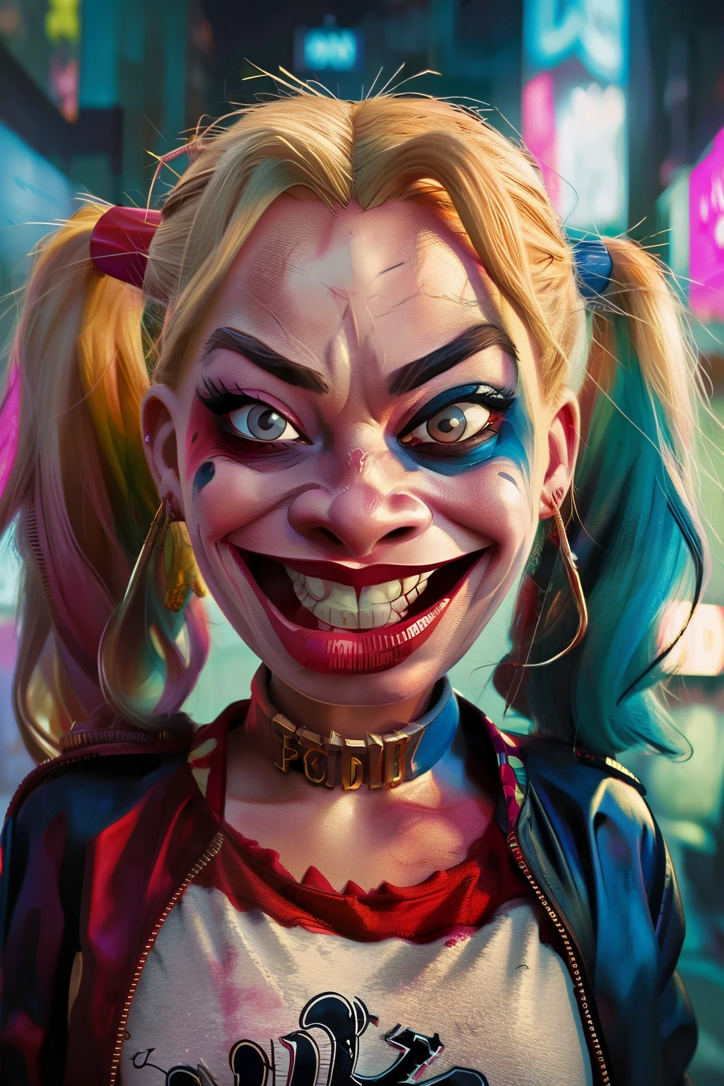 A (((caricature art, comic style ))) of Harley Quinn  in dynamic pose, big head, exaggerated features with a large nose and big Red eyes, angry face, big head, little  Hot body. ultra highly detailed, beautiful details, vivid, saturated colors, filigree detailed, tiny details, pop surrealism, cowboy shot. ((Blast cyberpunk city background )) 