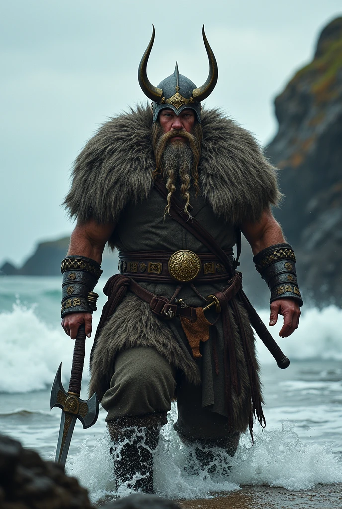 Hello, can you help me create a Viking landed on a Scottish beach, wearing a wolfskin coat, a sword carved with runes in one hand, a battle axe in the other, his clothing with fetlocks in bronze, ivory and leather, a long braided beard, a fierce and fearsome attitude, a threatening helmet, the rough sea in the background, thank you.