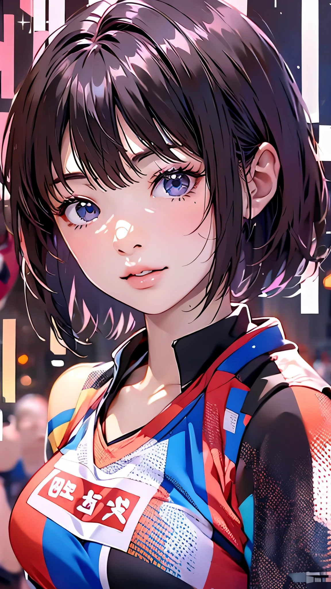 Beautiful and attractive woman、Half-body photo、Delicate and sexy collarbone、Attractive oval face、double eyelid、bright peach-colored eyes、Pink Lips、Small Nose、Concentrated face、Face close-up、Black Hair、Bobcut、Large Breasts、Ultra-high resolution、Super detailed、Red volleyball uniform