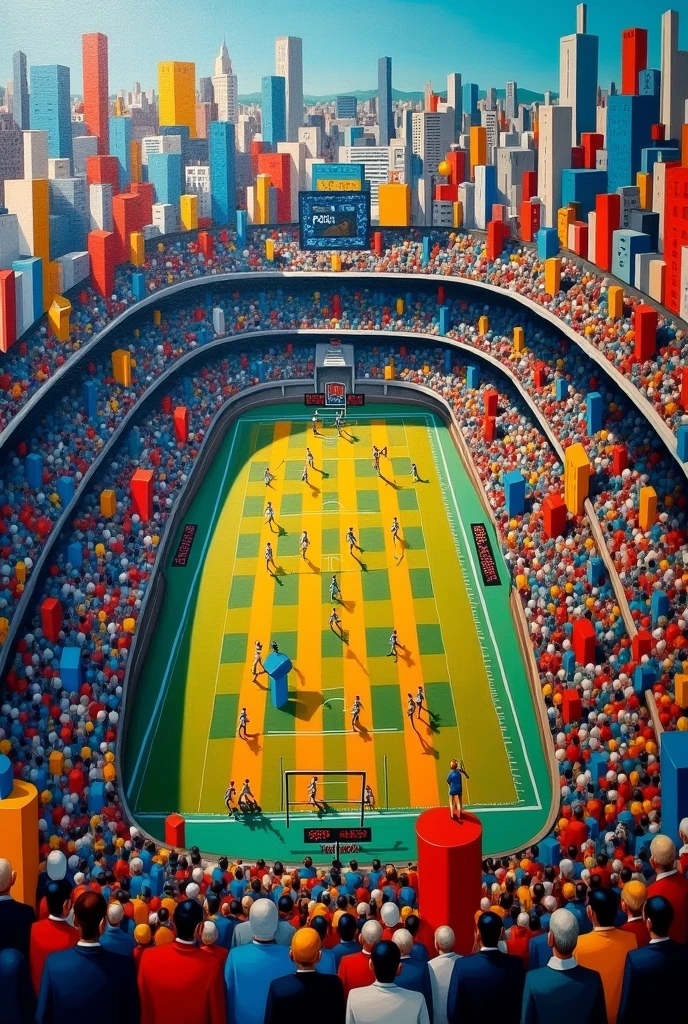 Pablo Picasso style cubist art depicting an American football stadium seen from above.