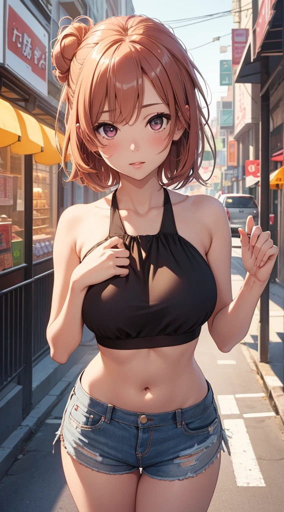 1girl, solo, masterpiece, best quality, high res, highly detailed, (illustration), beatiful detailed eyes, yuigahama yui, single hair bun, glossy lips, light makeup, city street, halter top, short shorts