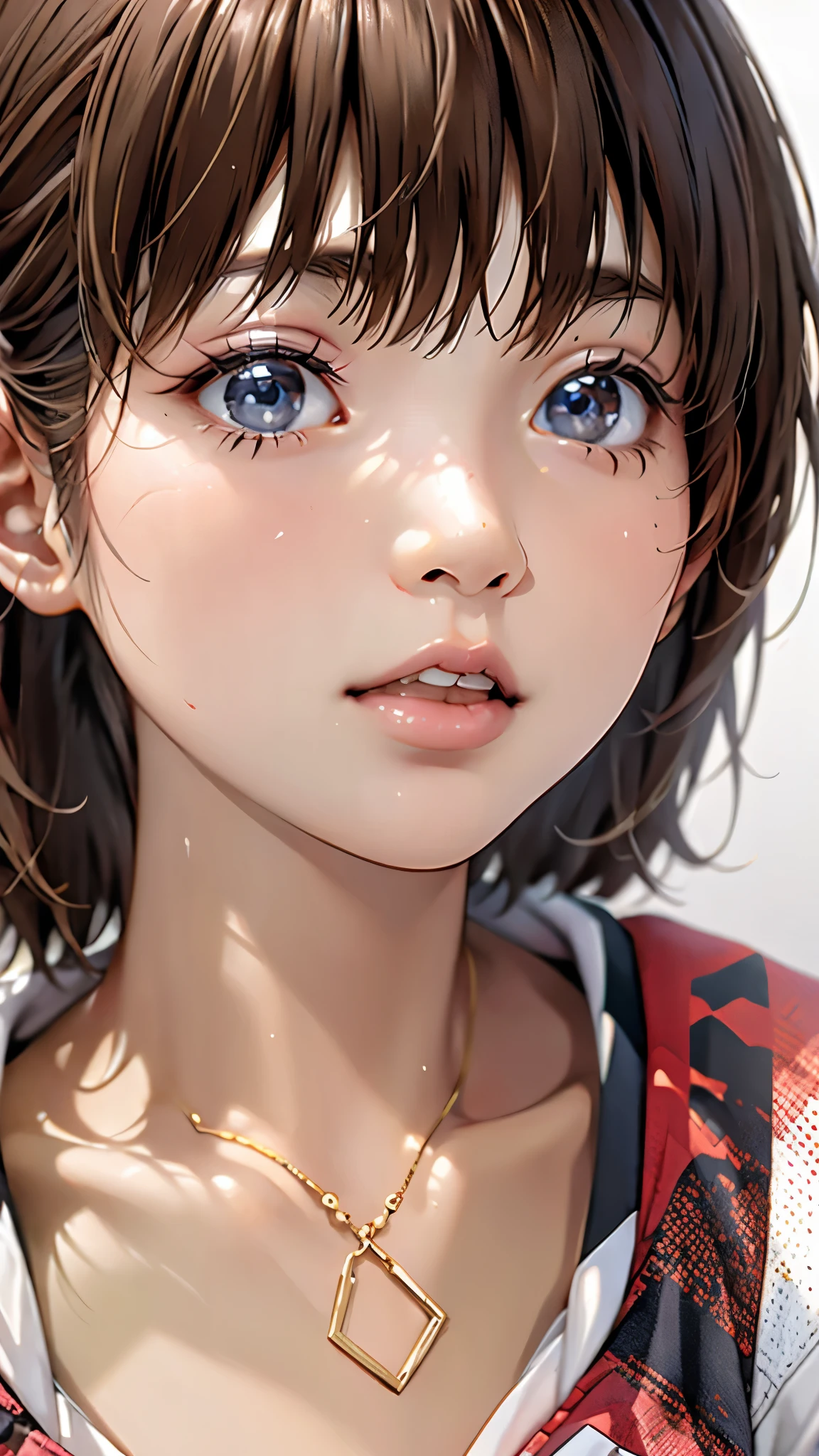 Beautiful and attractive woman、Half-body photo、Delicate and sexy collarbone、Attractive oval face、double eyelid、bright peach-colored eyes、Pink Lips、Small Nose、Concentrated face、Face close-up、Black Hair、Bobcut、Large Breasts、Ultra-high resolution、Super detailed、Red volleyball uniform